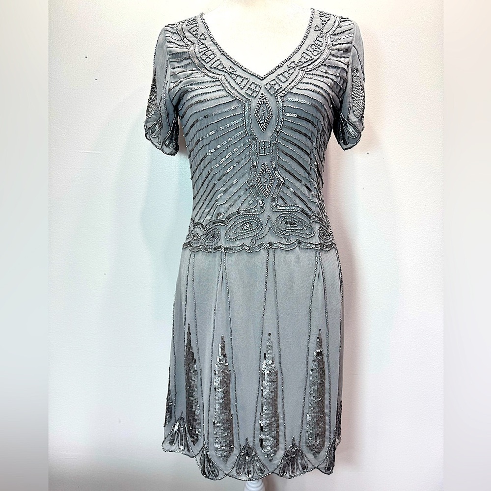 Silver Beaded Sequined Dress Short Sleeve V Neck Cocktail Party by Lace & Beads